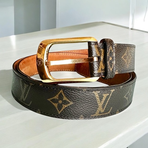 Authentic Louis Vuitton Brown Monogram Leather & Gold Belt Size 100/40 - Picture 1 of 16